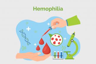 Graohic image with elements like blood drops, blood clots and test tubes, DNA strand and hands to show hemophilia condition 