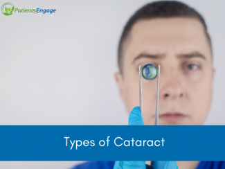 A healthcare professional examining a lens and text overlay on blue strip: Types of Cataract