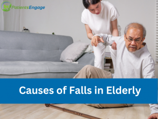 An elderly man on the floor, being assisted by a woman, with his cane on the floor next to him and text overlay on blue strip Causes of Falls in Elderly