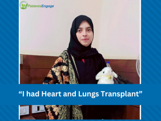 Picture of a young woman in a head scarf holding a soft toy with the text overlay on blue strip I had heart and lung transplant 