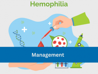 Graphic image signifying hemophilia with the text hemophilia and Management  on blue strip