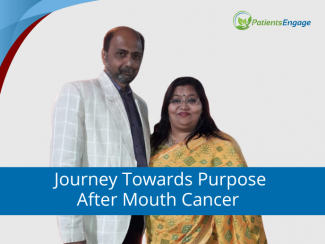 Oral Cancer Survivor in a white jacket with his wife in a yellow sari and the text on a blue strip : Journey Towards Purpose after Mouth Cancer