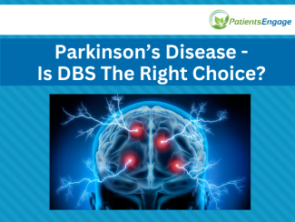Image of electrodes lighting up parts of the brain and text on top Parkinson's Disease. Is DBS the right choice 