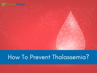 Stock image of blood drop against a red background and text overlay on blue strip How to prevent thalassemia