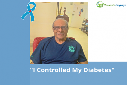 A profile picture of Aubrey Millet in a blue shirt framed in blue with a blue diabetes ribbon and patientsengage logo and the text I controlled my diabetes  