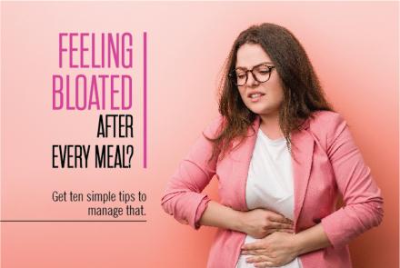 Pic showing a woman holding her stomach with the text 10 tips to manage bloating