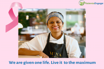 A woman in a chef apron framed by a breast cancer ribbon and the text We are given one life. Live it to the maximum 