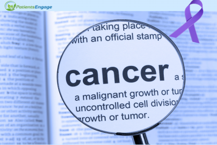 Stock pic of a magnifying glass over a dictionary focussing on cancer and the patientsengage logo and the purple ribbon for cancer 