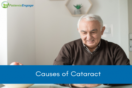 A stock image of an older man and blue strip overlay with text causes of cataract 