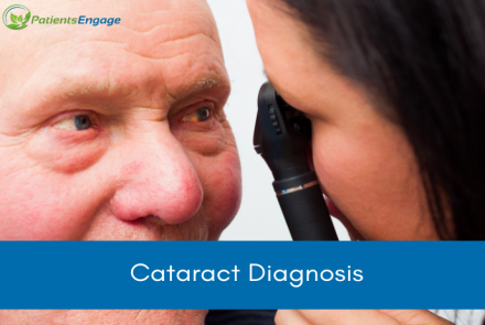 A professional examining the eye of an elderly person with the text overlay on blue strip : Cataract Diagnosis