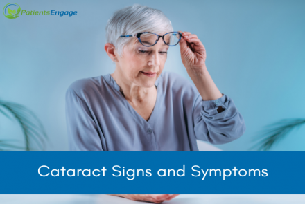 A woman struggling to read and lifting her glasses and overlay text on blue strip - Cataract Signs and Symptoms