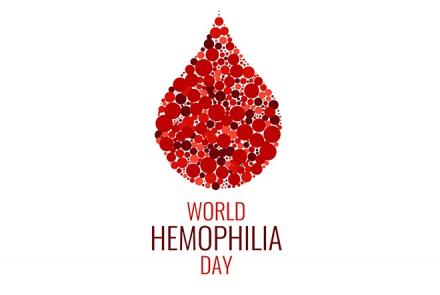 Stock pic of a blood drop and text World Hemophilia day