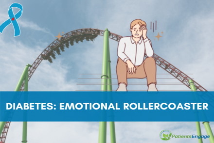 A graphic of a man in despair against a rollercoaster in the background, diabetes ribbon and patientsengage logo and text overlay of Diabetes: Emotional Rollercoaster 