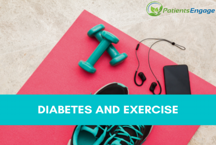 Stock image that shows dumbbells, a head set and phone, and running shoes on a pink mat with text overlay Diabetes and Exercise and PatientsEngage logo 
