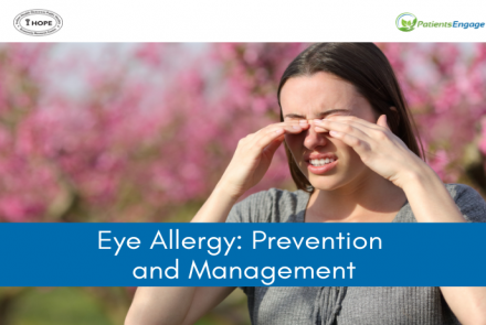 A woman rubbing her eyes and text overlay on blue strip Eye Allergy: Prevention and Management 
