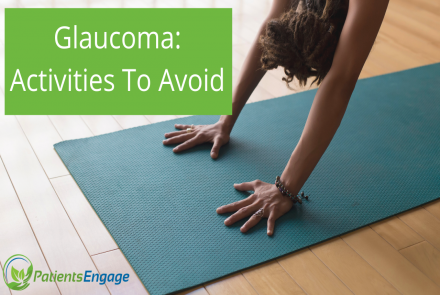 Image of a partially visible person in forward bend and a text that says Glaucoma Activities To Avoid