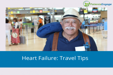 A man wearing a hat ready to travel with text overlay on blue strip Heart Failure: Travel Tips 