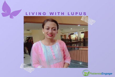 Picture of Hrishita, a young woman in a pink and blue kurta framed in a purple frame with the text Living with Lupus 