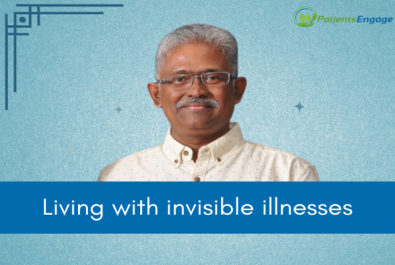 Alphonse Roy, Lupus and Sjogrens patient with text on blue strip : Living with invisible illnesses
