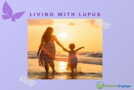 Stock pic of mother and child on a beach against a sunset with overlay text Living with Lupus 
