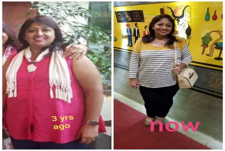 On the left an Indian woman in a pink dress and white scarf who was over weight and on the right a trimmer version woman in a white and yellow top and black pants
