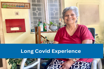 Picture of the writer, an elderly woman with Rheumatoid arthritis and Long covid sitting in front of a window and the text overlay Long Covid Experience 