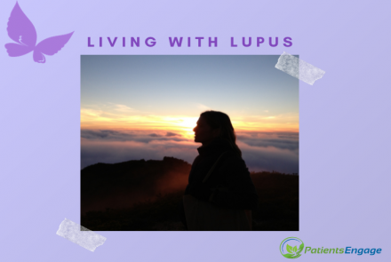 A stock pic of a side profile of a woman against a sunset and the text Living with Lupus 
