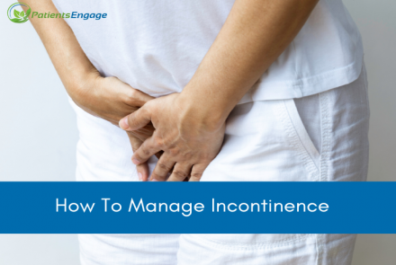 A partially visible person in white top and pants holding the urge to urinate with text on blue strip How to manage incontinence 