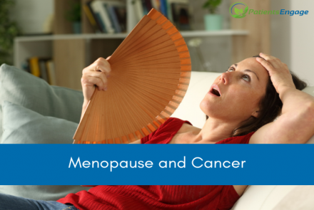 Image of a woman experiencing hot flashes and using a hand fan. Text overlay on blue strip - Menopause And Cancer