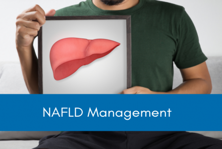 A person with the head not visible holding a panel with a liver and the blue strip with text NAFLD Management