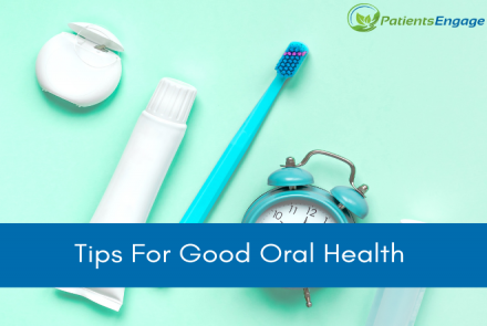 Products for dental hygiene like floss, toothpaste, tooth brush, clock with the text overlay on blue strip Tips for Good Oral Health