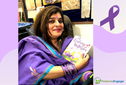A woman with epilepsy in purple dupatta holding a book 