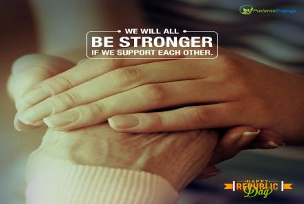 Image desription: A pair of hands on an older persons hands. Text on the image - We Will All Be Stronger If We Support Each Other