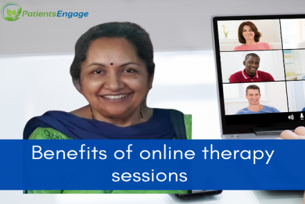 Profile Picture of Shaila Bhagwat against a backdrop of an online video call and text overlay Benefits of online therapy sessions
