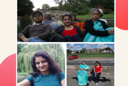 Collage of pictures of Hemalatha with her husband and her mother