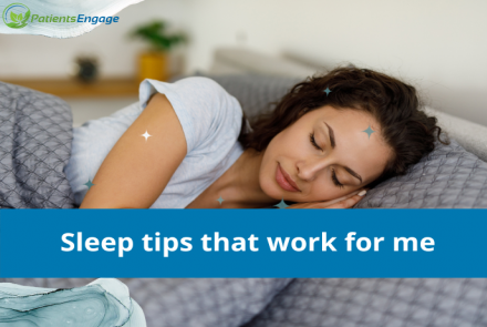 A young woman sleeping comfortably and a text overlay Sleep tips that work for me