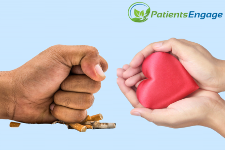 An image with a hand crushing cigarette butts on the left and hands holding a heart to indicate how quitting tobacco saves the heart