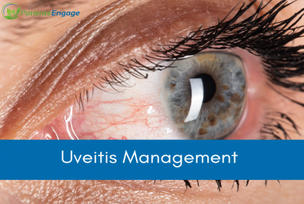 Image of inflammed reddish eye with text overlay on blue strip: Management of Uveitis