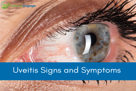 Image of eye with a blue strip and text overlay Uveitis Signs and Symptoms