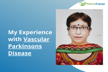 Profile pic of a woman in red and green kurta and dupatta and text My experience with Vascular Parkinsons Disease 