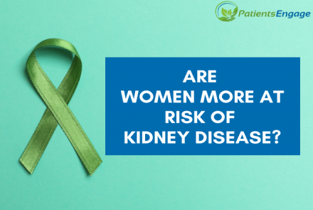 A panel with a green ribbon and text saying Are women more at risk of kidney disease