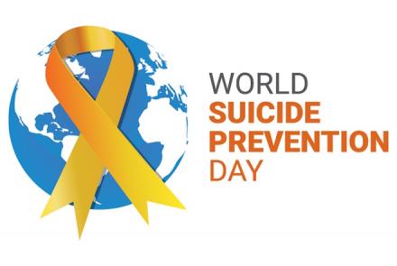 Logo with an orange ribbon on a blue and white globe and text World Suicide Prevention Day  