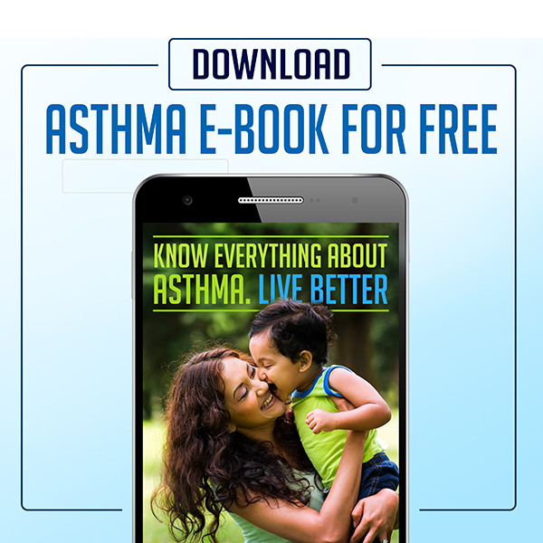 Image is book cover of E-Book for Managing Asthma and depicts a happy mother and child