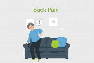 Image of a woman getting up from a sofa in pain and text on top saying Back Pain