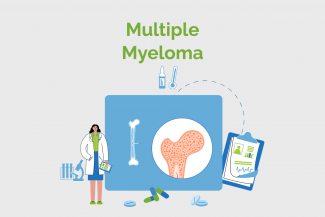 Illustration showing a cells in the marrow, a bone, a female doctor and medical charts and text above Multiple Myeloma 