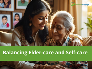 AI generated pic of a woman supporting an elderly woman and text overly Balancing Elder-care with self-care