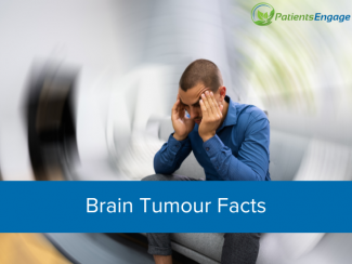 A person in a blue shirt and black trouser sitting on a white sofa and holding head in pain. Blue strip overlay with text Brain tumour facts