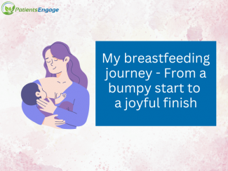 Graphic image of a woman breastfeeding her baby and the text blurb My breastfeeding journey - from a bumpy start to a joyful finish
