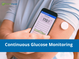 Stock pic of a person with a CGM sensor on one arm and holding a mobile with the other. Text overlay Continuous Glucose Monitoring 
