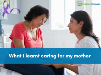 Stock pic of a daughter with her mother and the text what I learnt caring for my mother